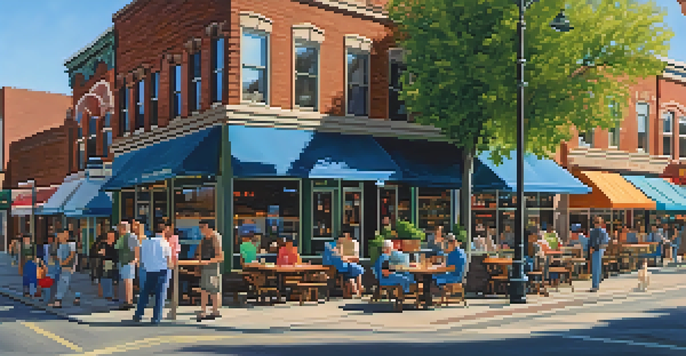 A lively small business area in Spokane with colorful shops and customers enjoying their time.