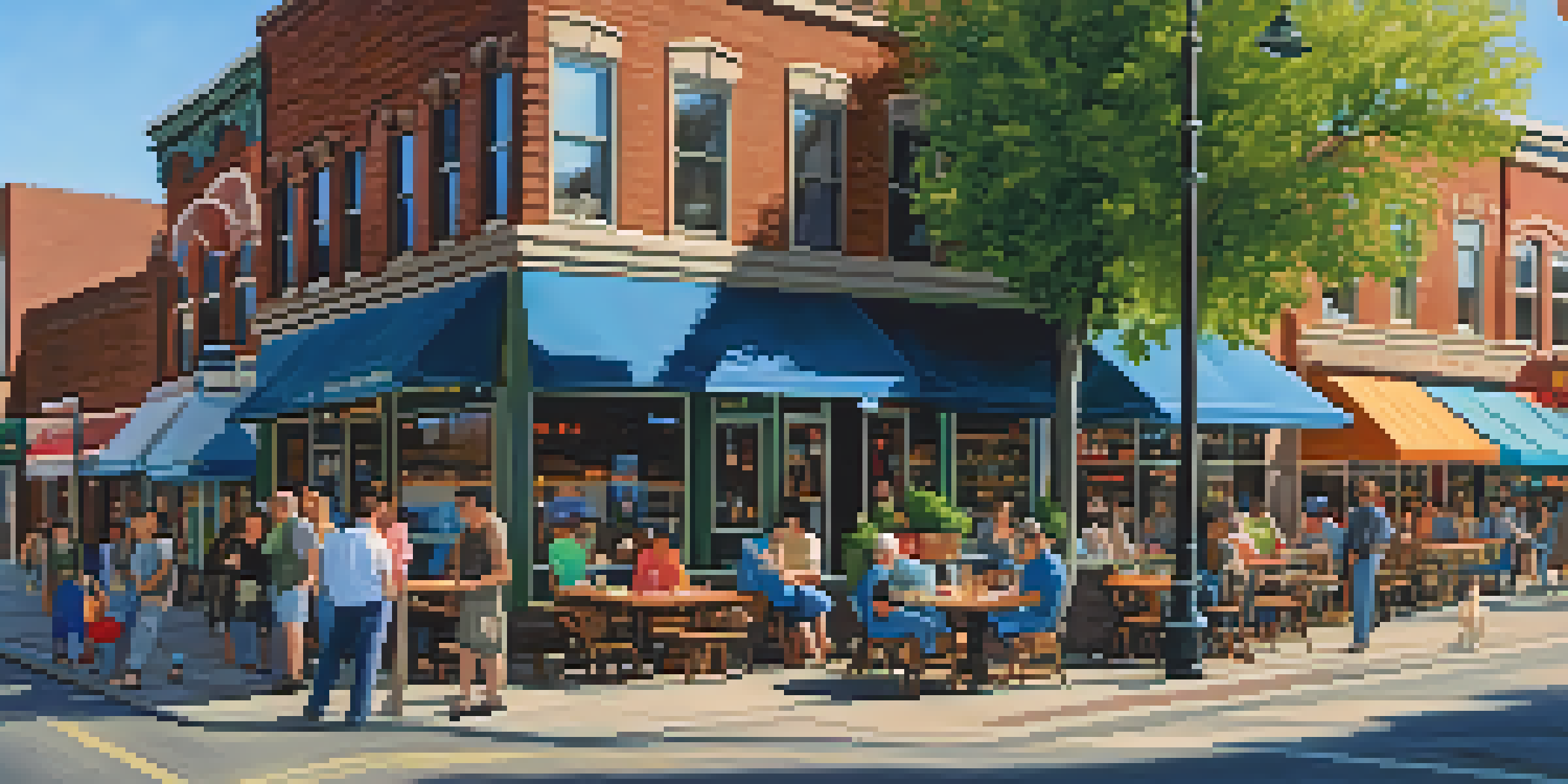 A lively small business area in Spokane with colorful shops and customers enjoying their time.