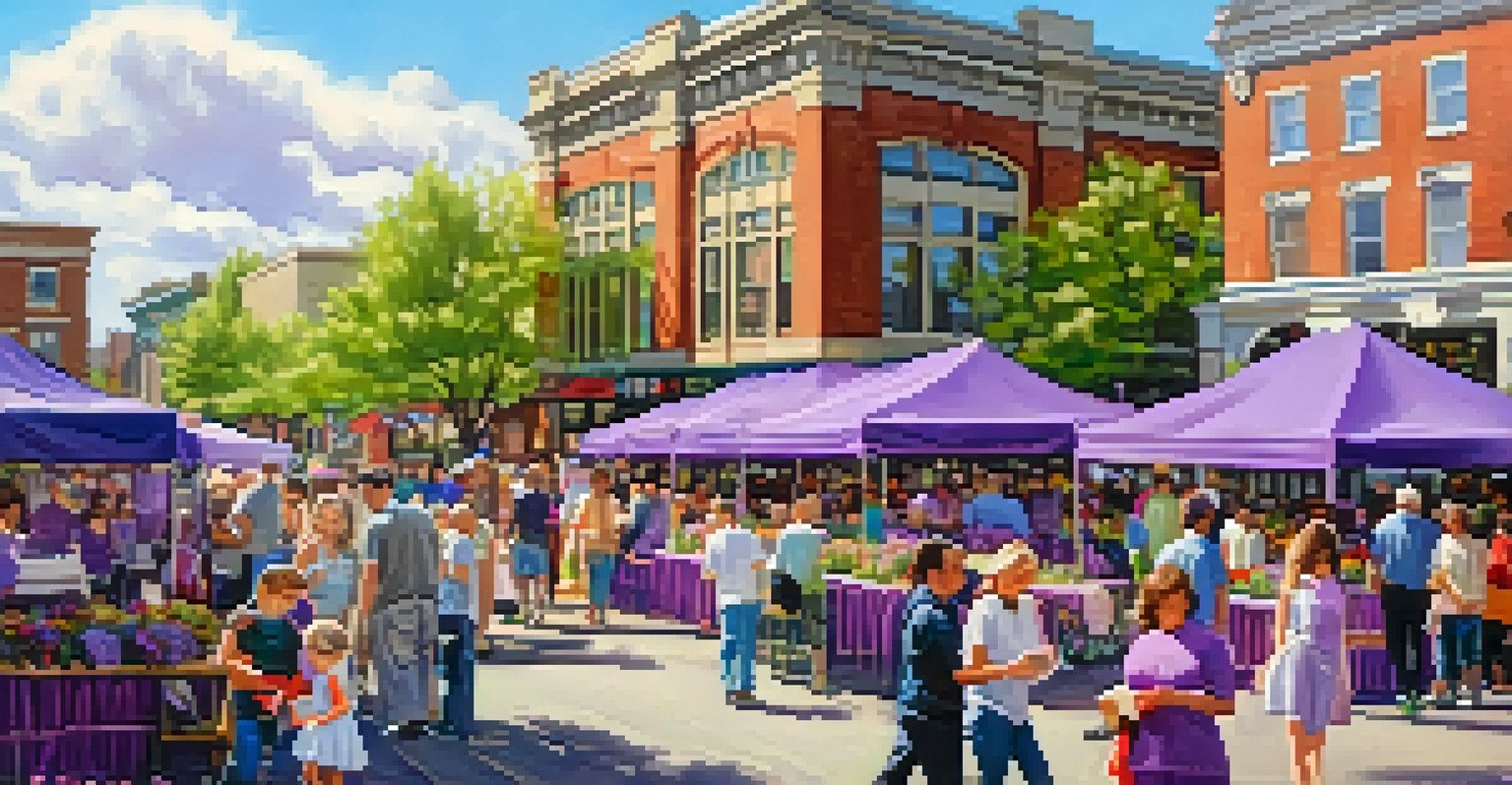 A vibrant Lilac Festival in Spokane filled with blooming lilacs, attendees exploring stalls with local art and food, musicians performing, and historic buildings decorated with lilac themes.