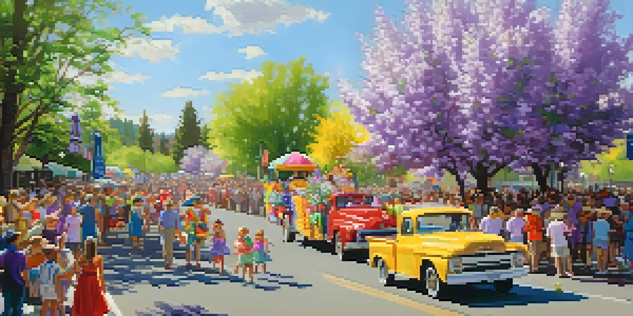 A lively parade at the Spokane Lilac Festival, featuring colorful floats decorated with lilac flowers and joyful spectators enjoying the festivities under a sunny sky.