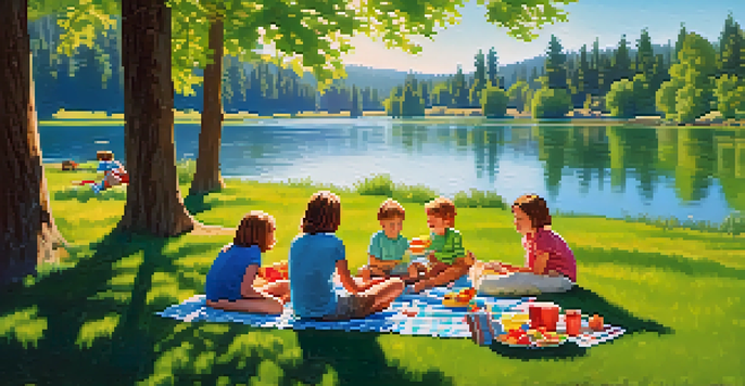 A family enjoying a picnic in Riverside State Park, with children playing and a river in the background.