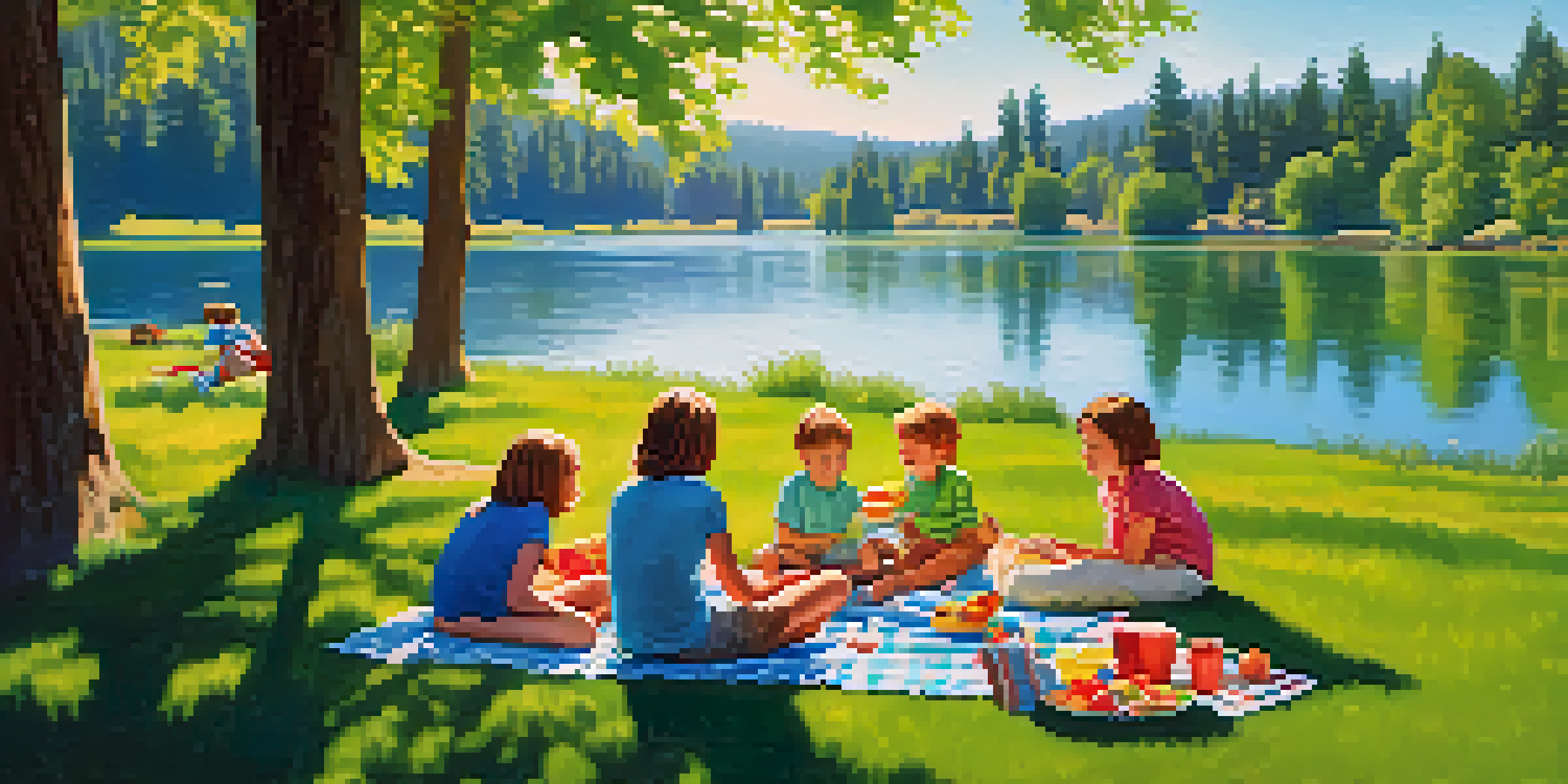 A family enjoying a picnic in Riverside State Park, with children playing and a river in the background.