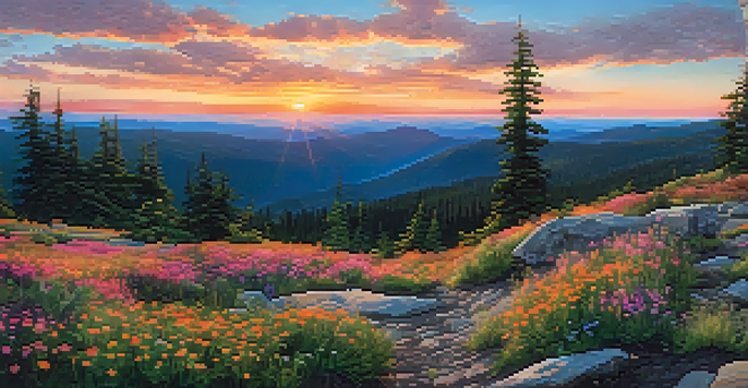 A scenic sunset view from the summit of Mount Spokane, with rocky terrain and lush forests.