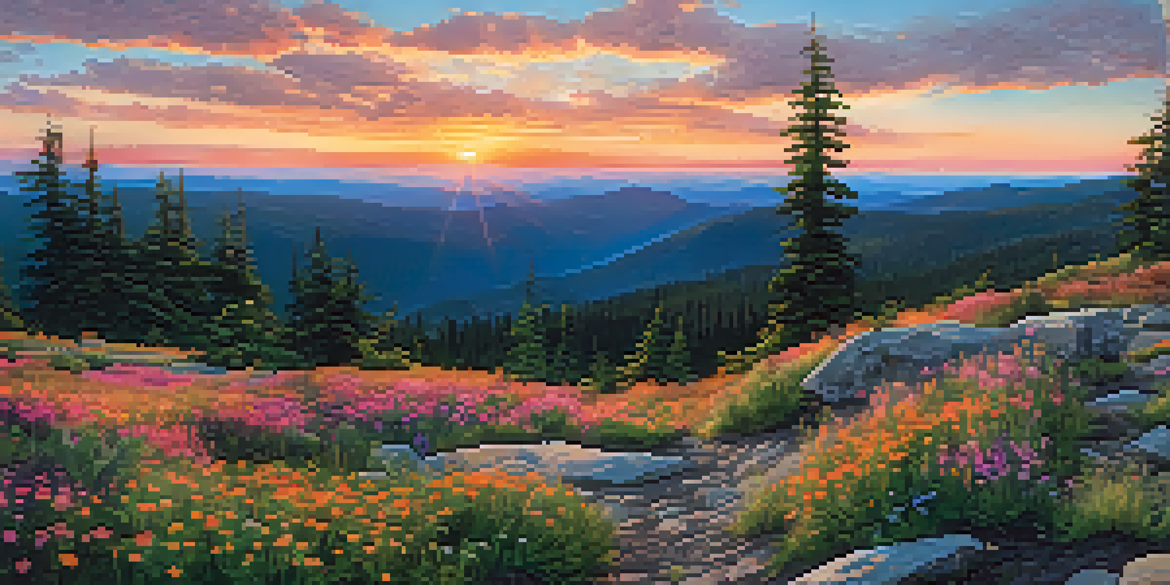 A scenic sunset view from the summit of Mount Spokane, with rocky terrain and lush forests.