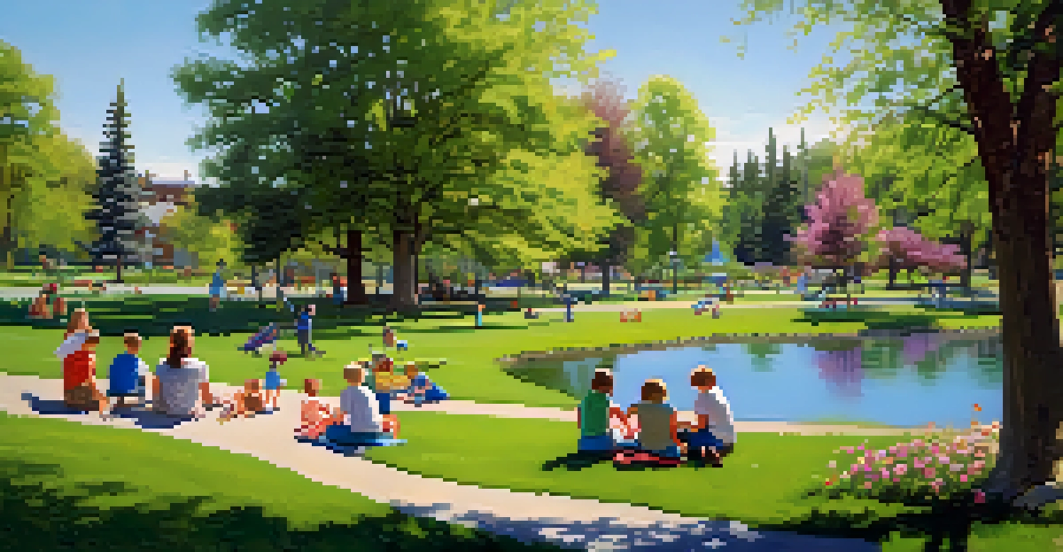 A peaceful park in Spokane with families enjoying a sunny day, a pond, and blooming flowers.