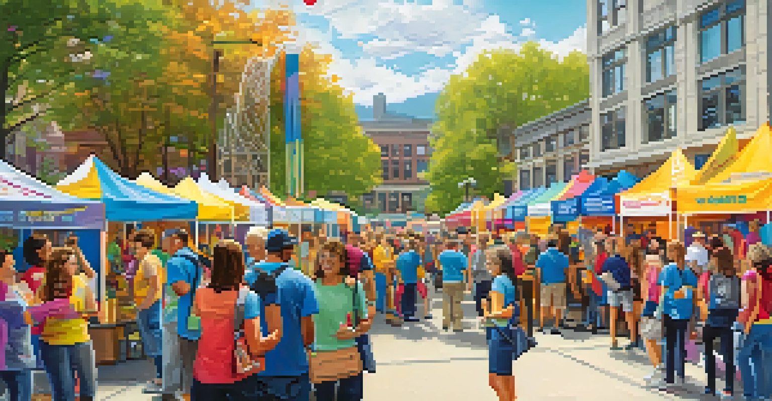A lively volunteer fair with colorful booths and enthusiastic volunteers engaging with a diverse crowd.