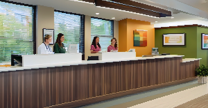 A bright and friendly primary care clinic with a receptionist, colorful art, and comfortable seating.
