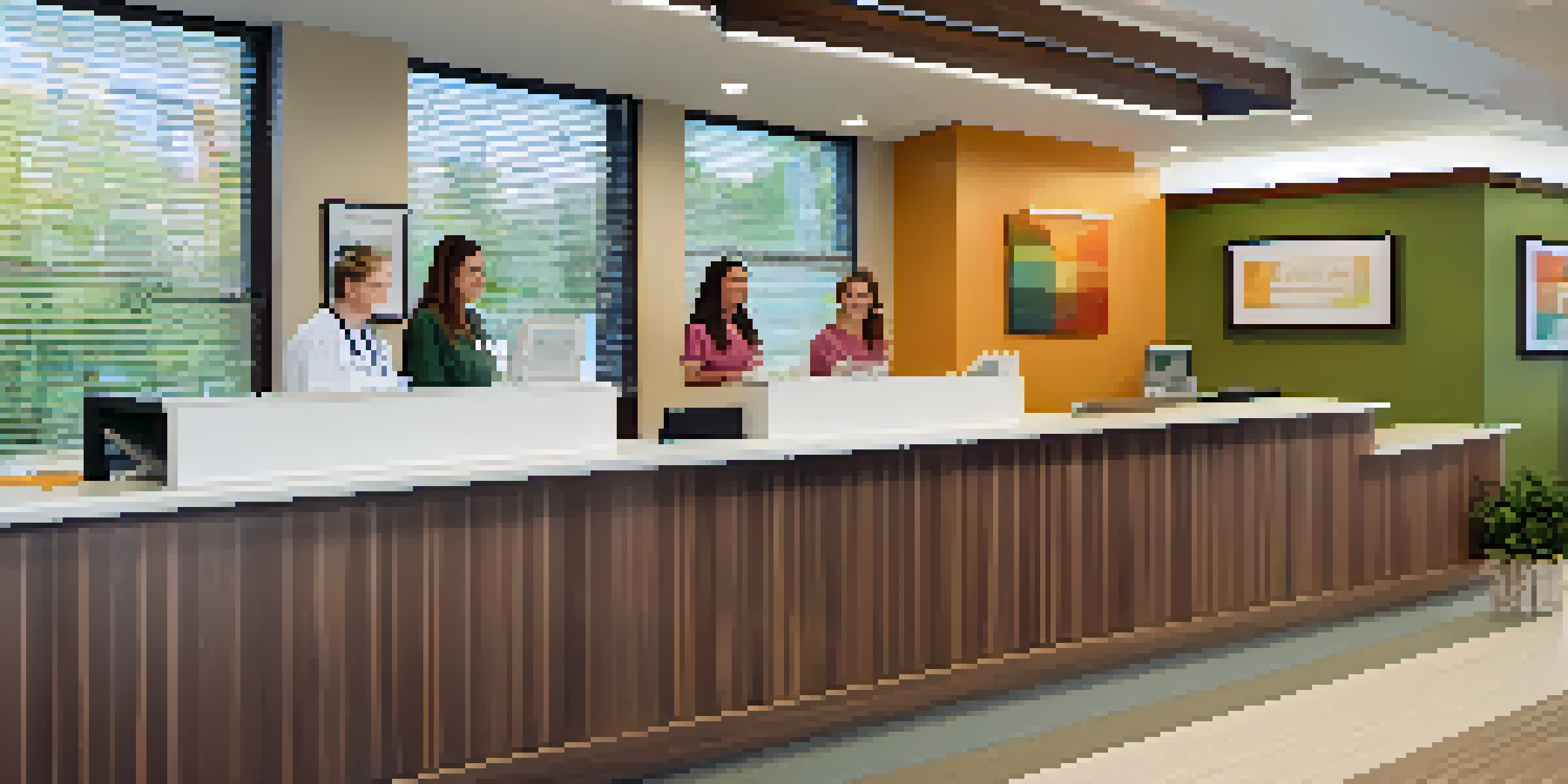 A bright and friendly primary care clinic with a receptionist, colorful art, and comfortable seating.