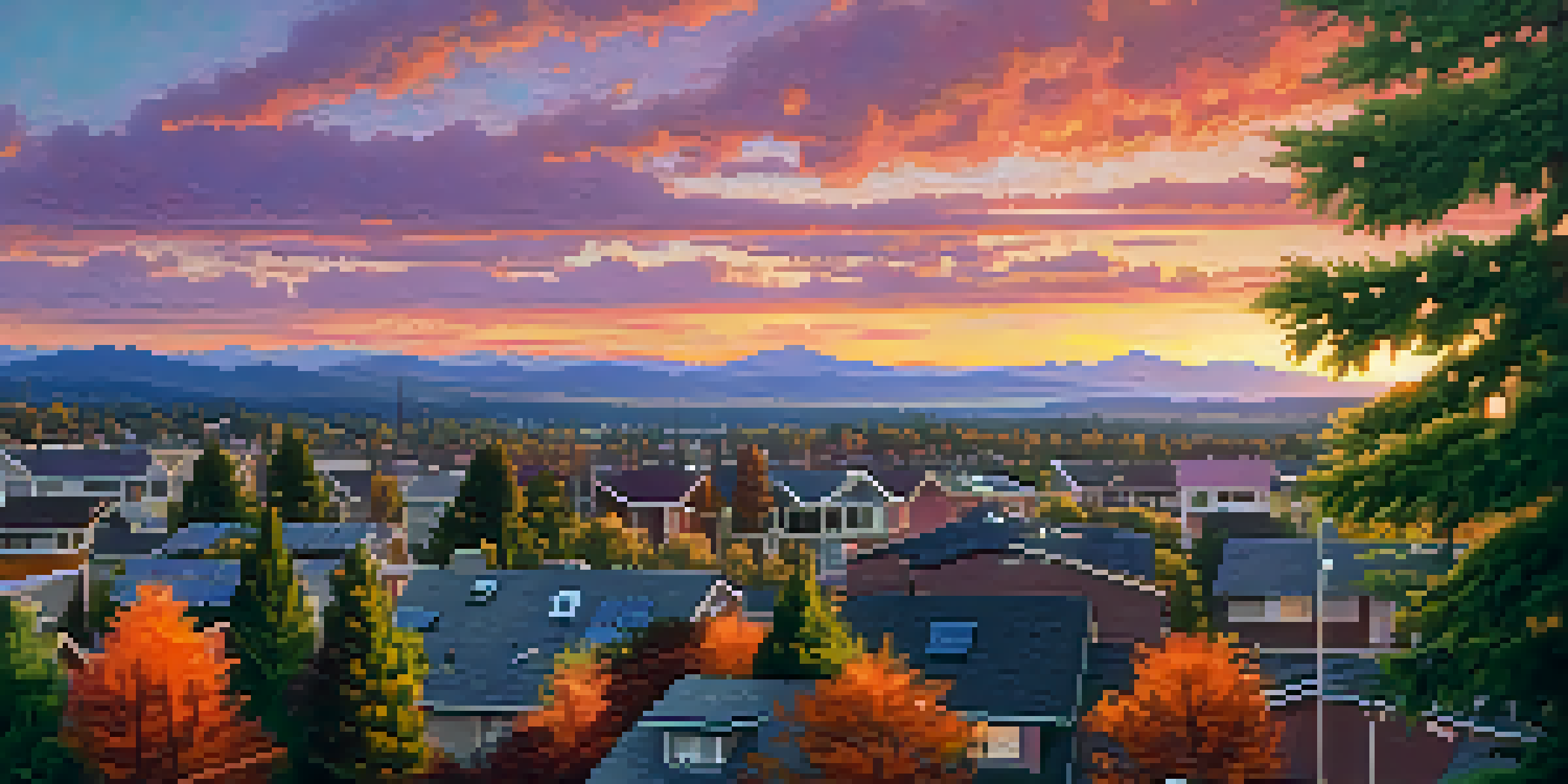 A scenic sunset view of Spokane with solar panels on rooftops, surrounded by greenery and mountains in the background.