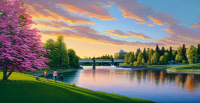 A beautiful sunset view of Riverfront Park in Spokane, with the Spokane River and Spokane Falls in the background, and people enjoying a picnic.