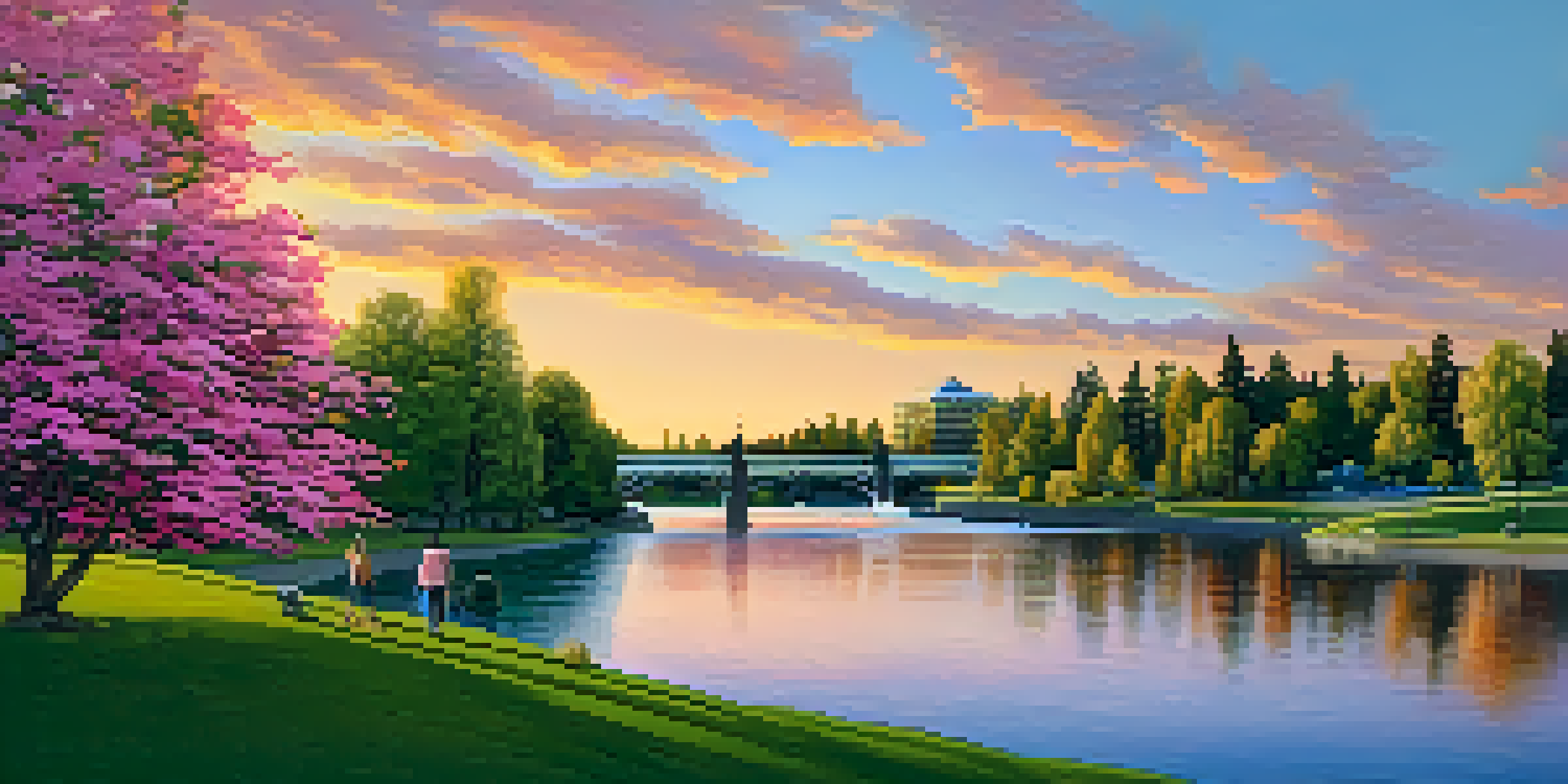 A beautiful sunset view of Riverfront Park in Spokane, with the Spokane River and Spokane Falls in the background, and people enjoying a picnic.