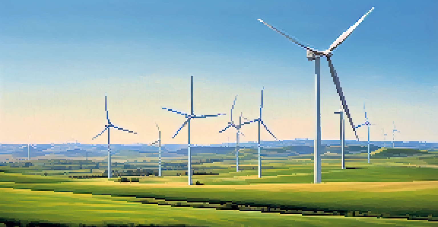 A scenic view of a wind farm near Spokane, with tall turbines on green hills under a clear blue sky.