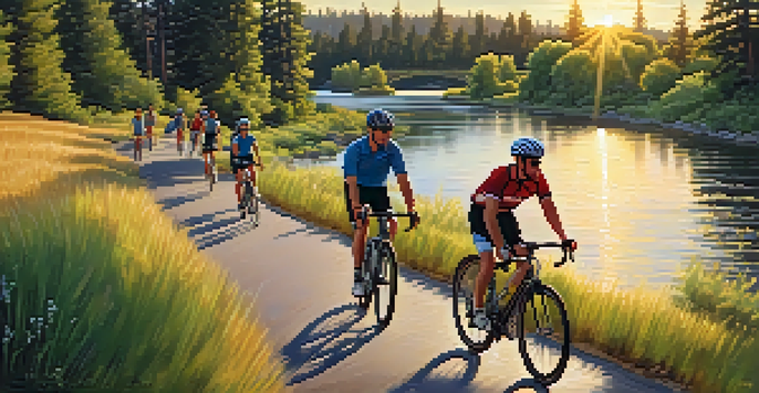 Cyclists riding along a scenic trail next to the Spokane River, with lush trees and a sunset in the background.