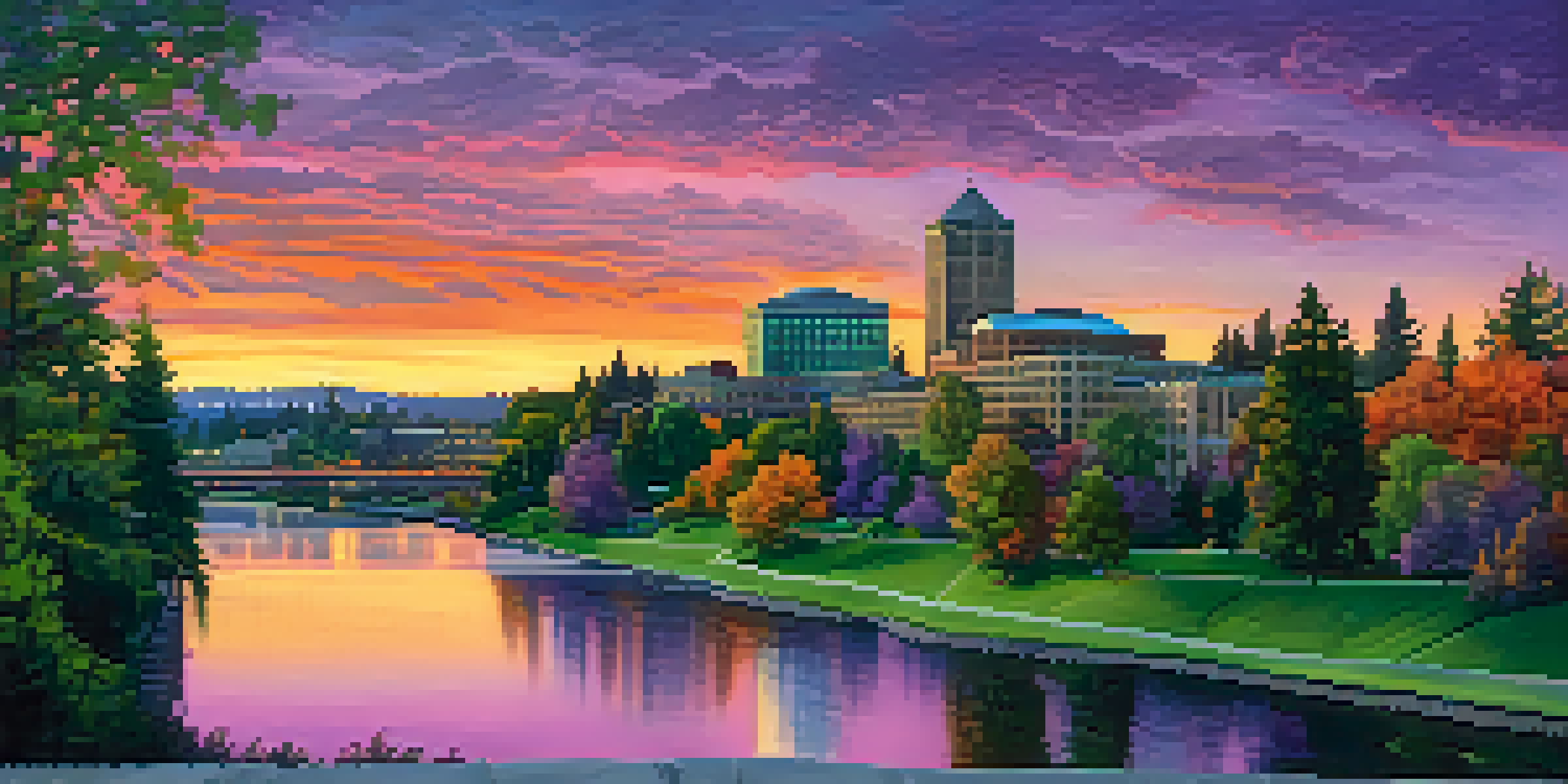 A scenic sunset view of Spokane's skyline, highlighting both modern and historical buildings alongside a river and green parks.