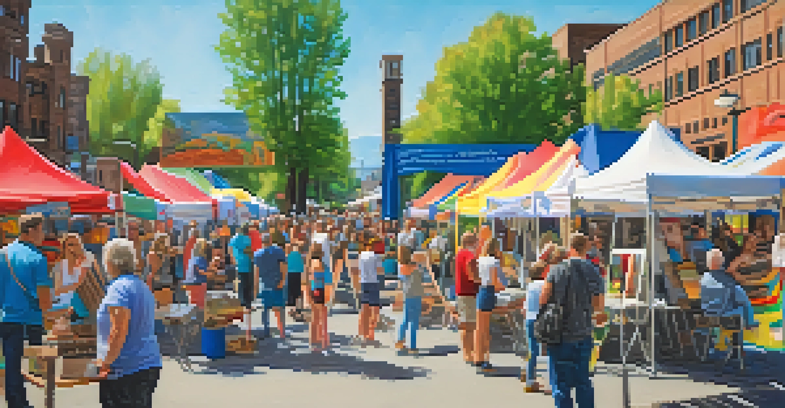 An outdoor art event in Spokane with local artists displaying their artwork, surrounded by attendees enjoying the festivities.