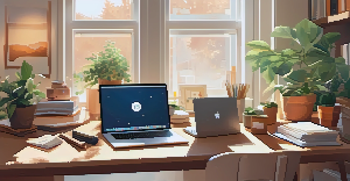 A warm and inviting home study space with a desk, laptop, textbooks, and a cup of coffee, illuminated by natural light from a window.