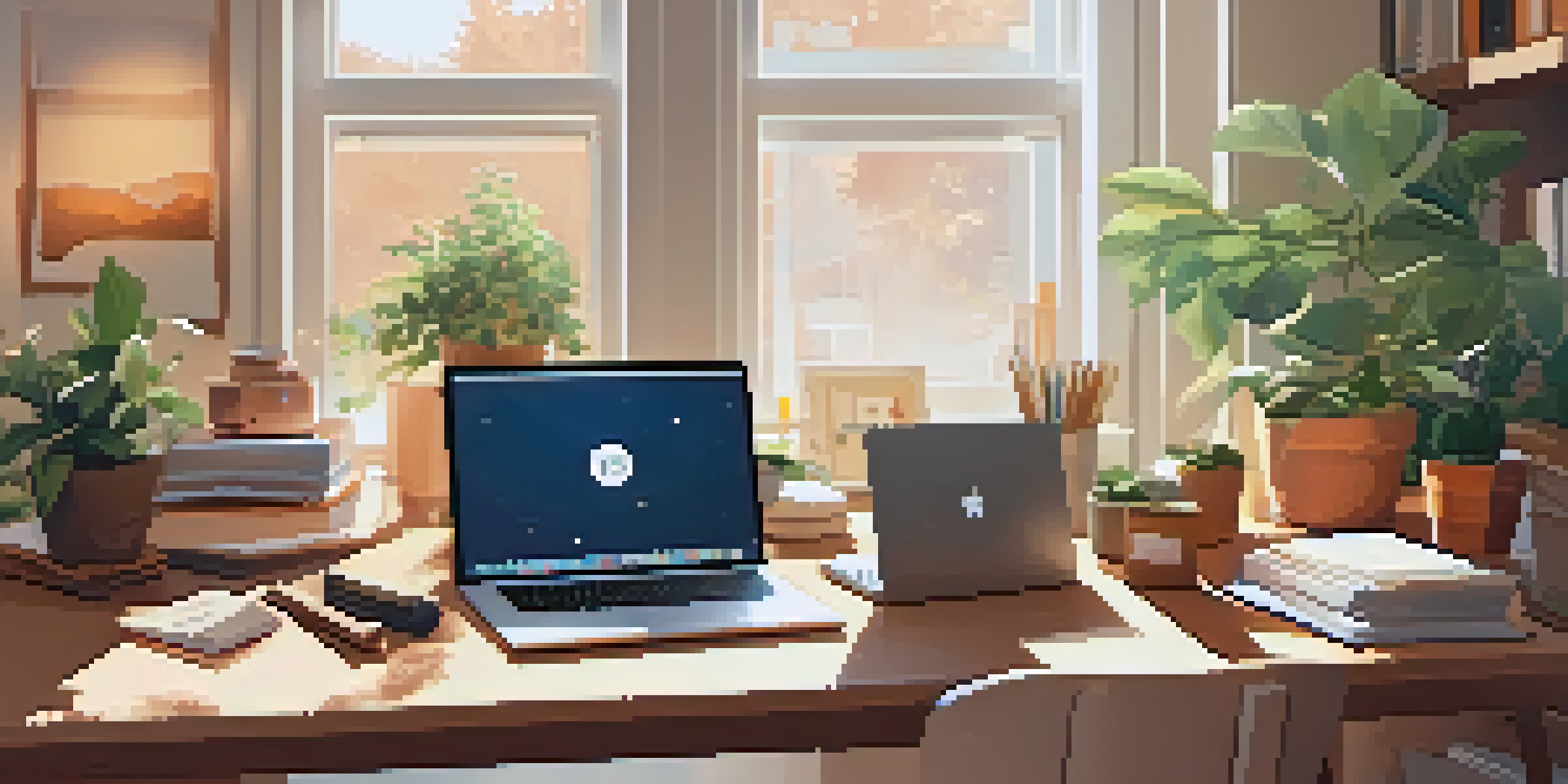A warm and inviting home study space with a desk, laptop, textbooks, and a cup of coffee, illuminated by natural light from a window.