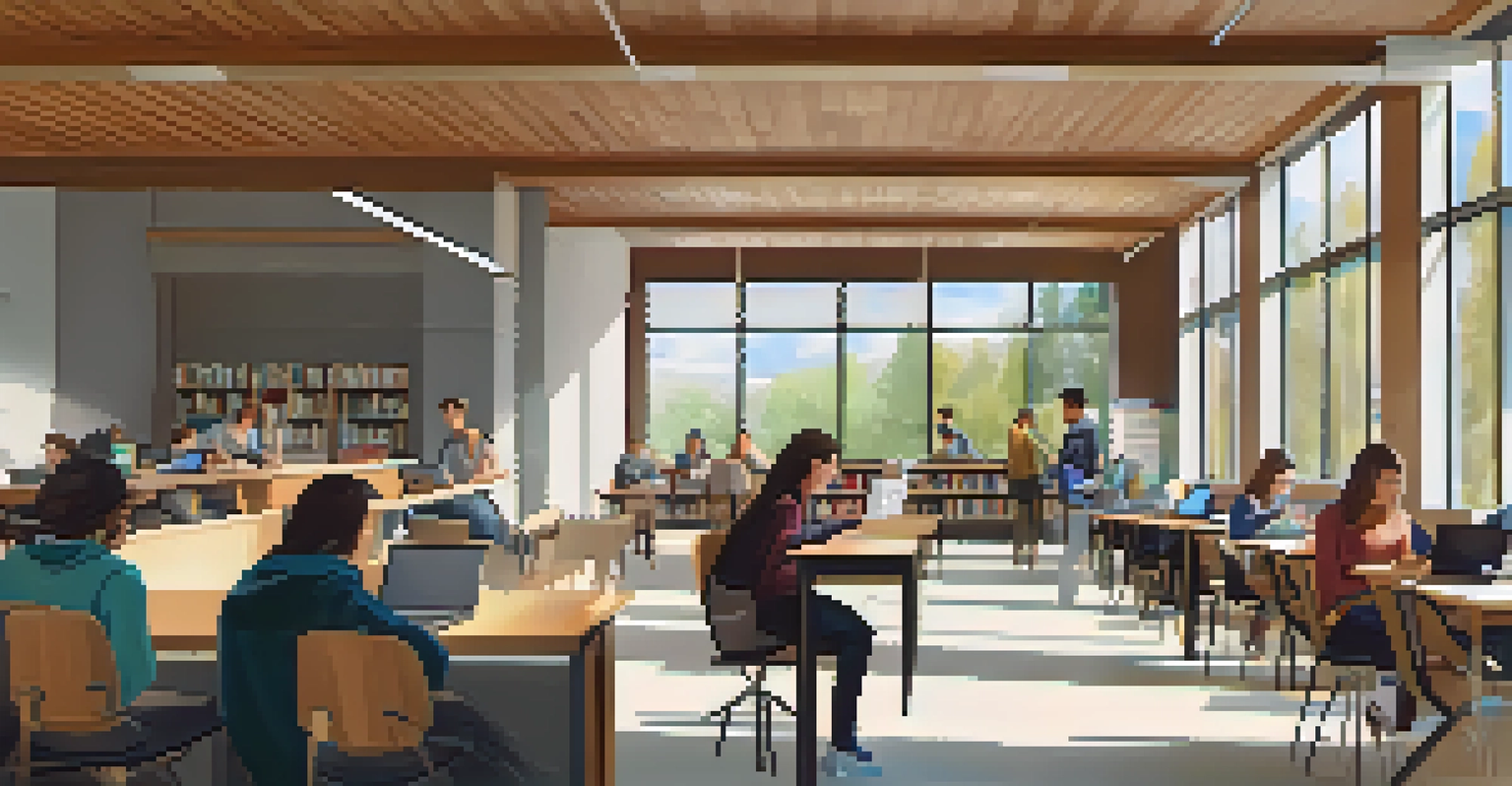 A cozy study lounge in a Spokane college with students collaborating and studying together, featuring warm lighting and a welcoming atmosphere.