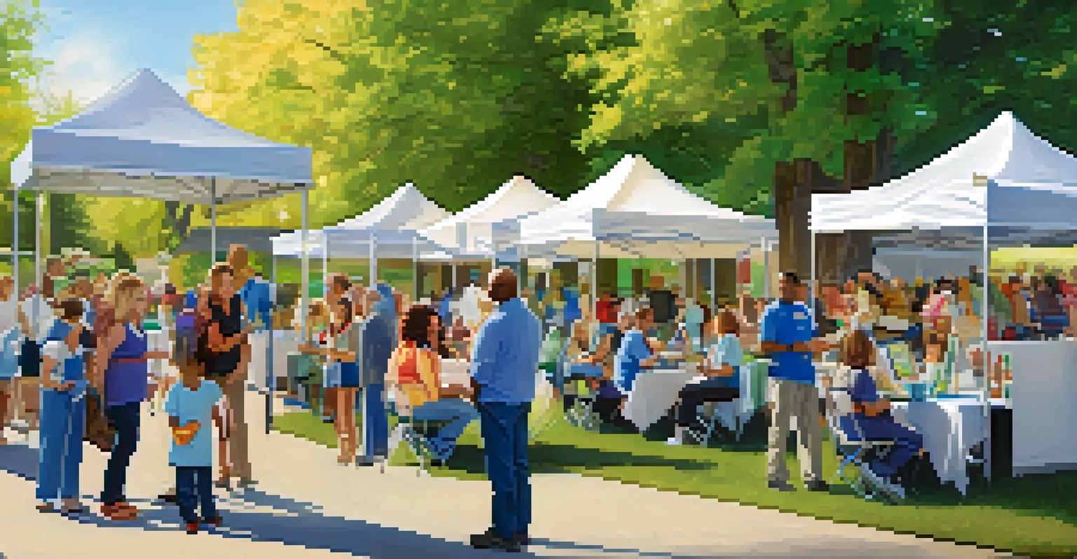 A community health event with primary care providers and residents interacting in a sunny park.