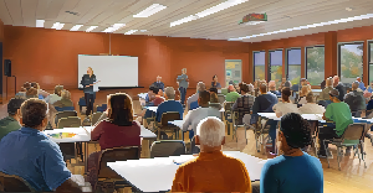 Adults participating in an educational workshop in a community center, with an instructor at the front and an inviting atmosphere.