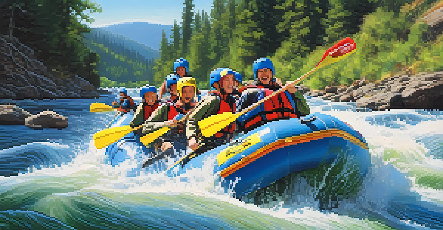 A group of friends white-water rafting on Spokane River, navigating rapids with splashes of water and surrounded by lush greenery.