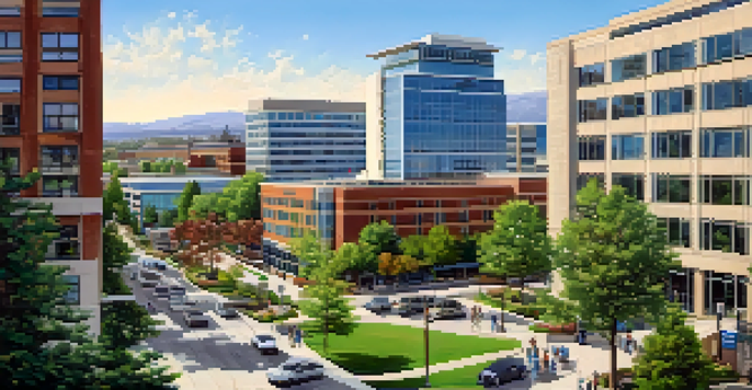 A wide view of Spokane's healthcare district with hospitals and clinics, featuring people interacting and green spaces.