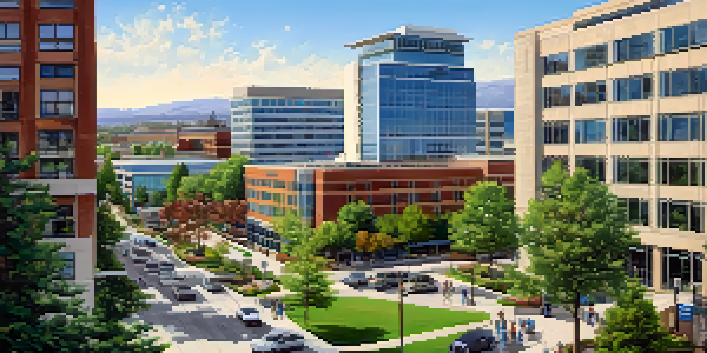 A wide view of Spokane's healthcare district with hospitals and clinics, featuring people interacting and green spaces.