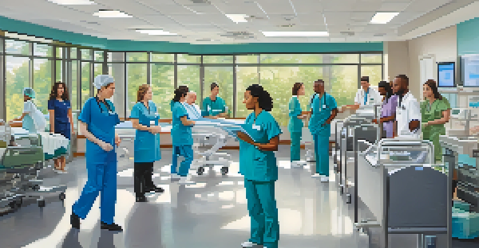 A lively Spokane healthcare facility with diverse healthcare professionals interacting with patients in a bright environment.