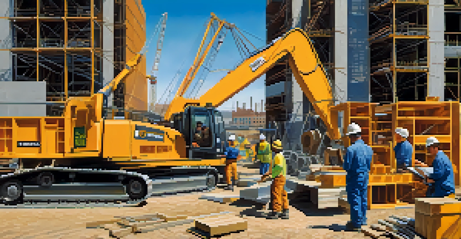A busy Spokane construction site with workers engaged in various tasks against a clear blue sky.