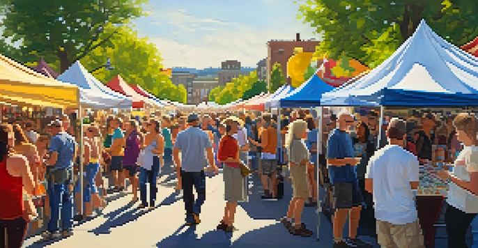 A lively Spokane art festival with a diverse crowd enjoying various artworks and performances under colorful banners during sunset.