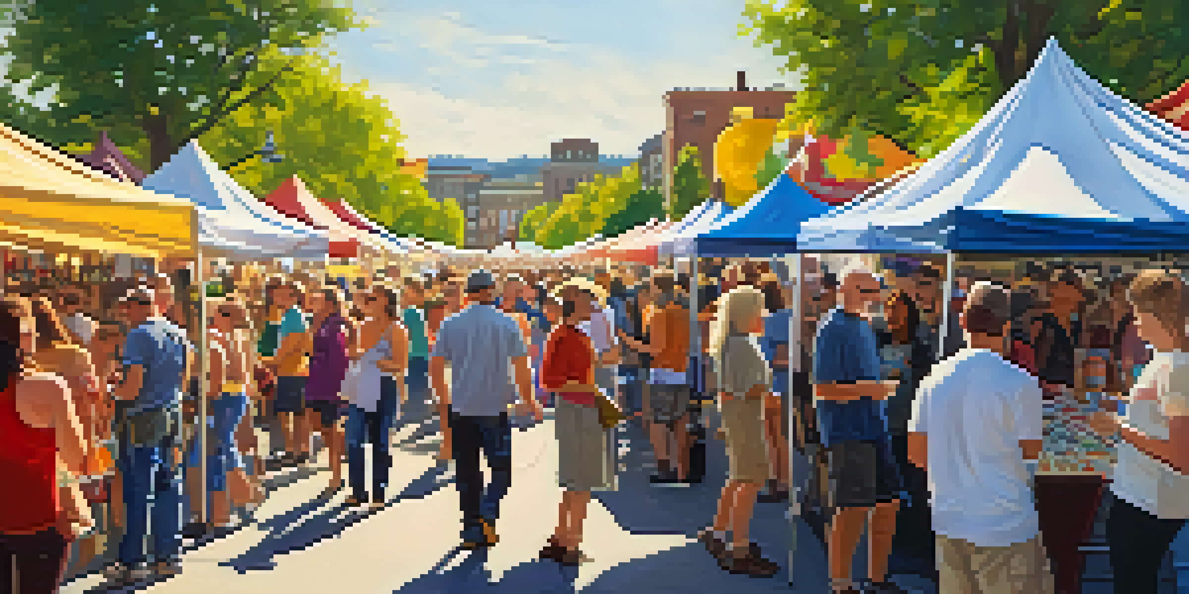 A lively Spokane art festival with a diverse crowd enjoying various artworks and performances under colorful banners during sunset.