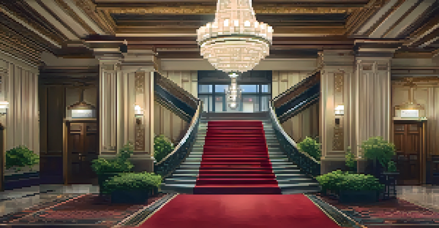 The luxurious lobby of the Davenport Hotel with a grand staircase and a beautiful chandelier, showcasing intricate architectural details.