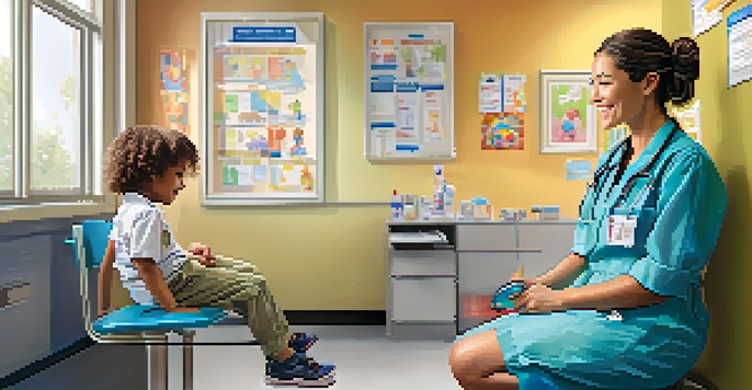 A pediatrician interacting with a young child in a colorful and welcoming healthcare setting.