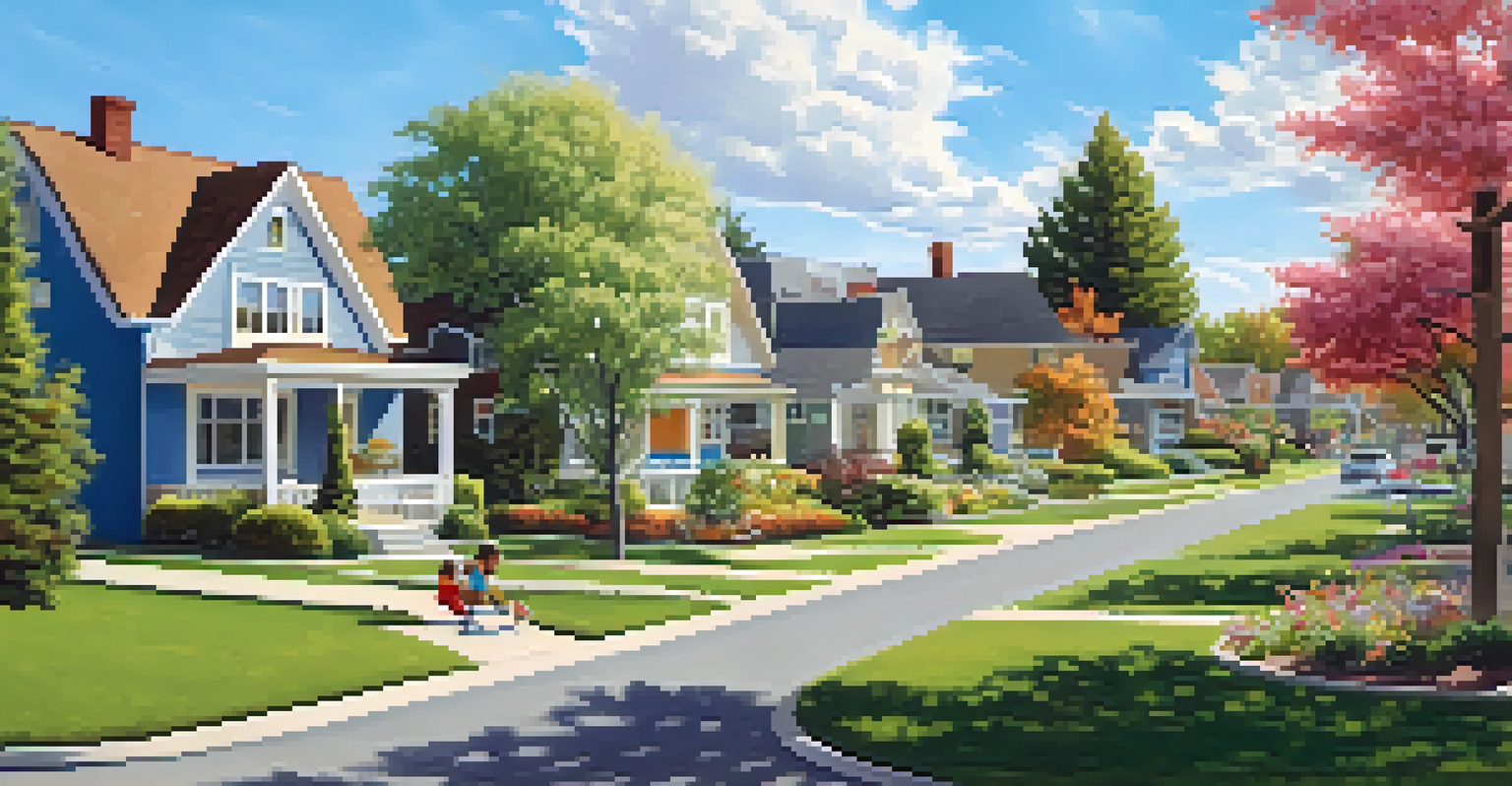 A sunny neighborhood in Spokane with charming houses, gardens, and children playing in a park.