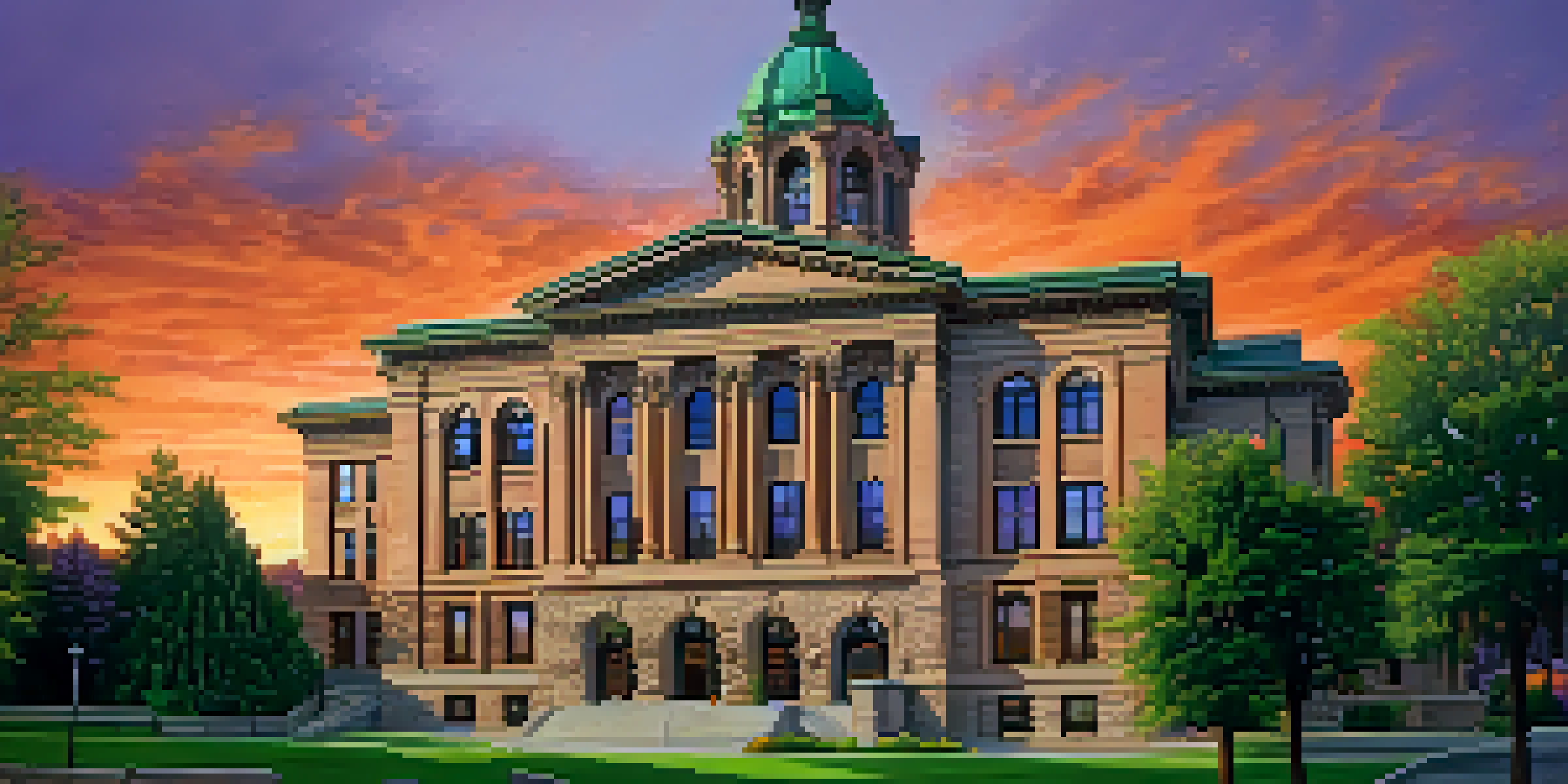 The Spokane County Courthouse at sunset, featuring intricate stonework and towering spires silhouetted against a colorful sky, with green trees in the foreground.