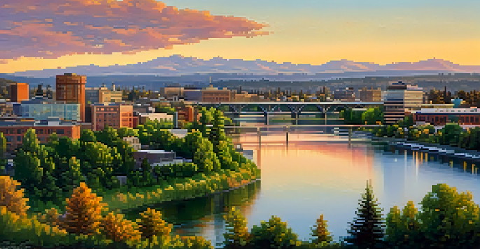 A panoramic view of Spokane with a vibrant skyline, green hills, and the Spokane River at sunset.