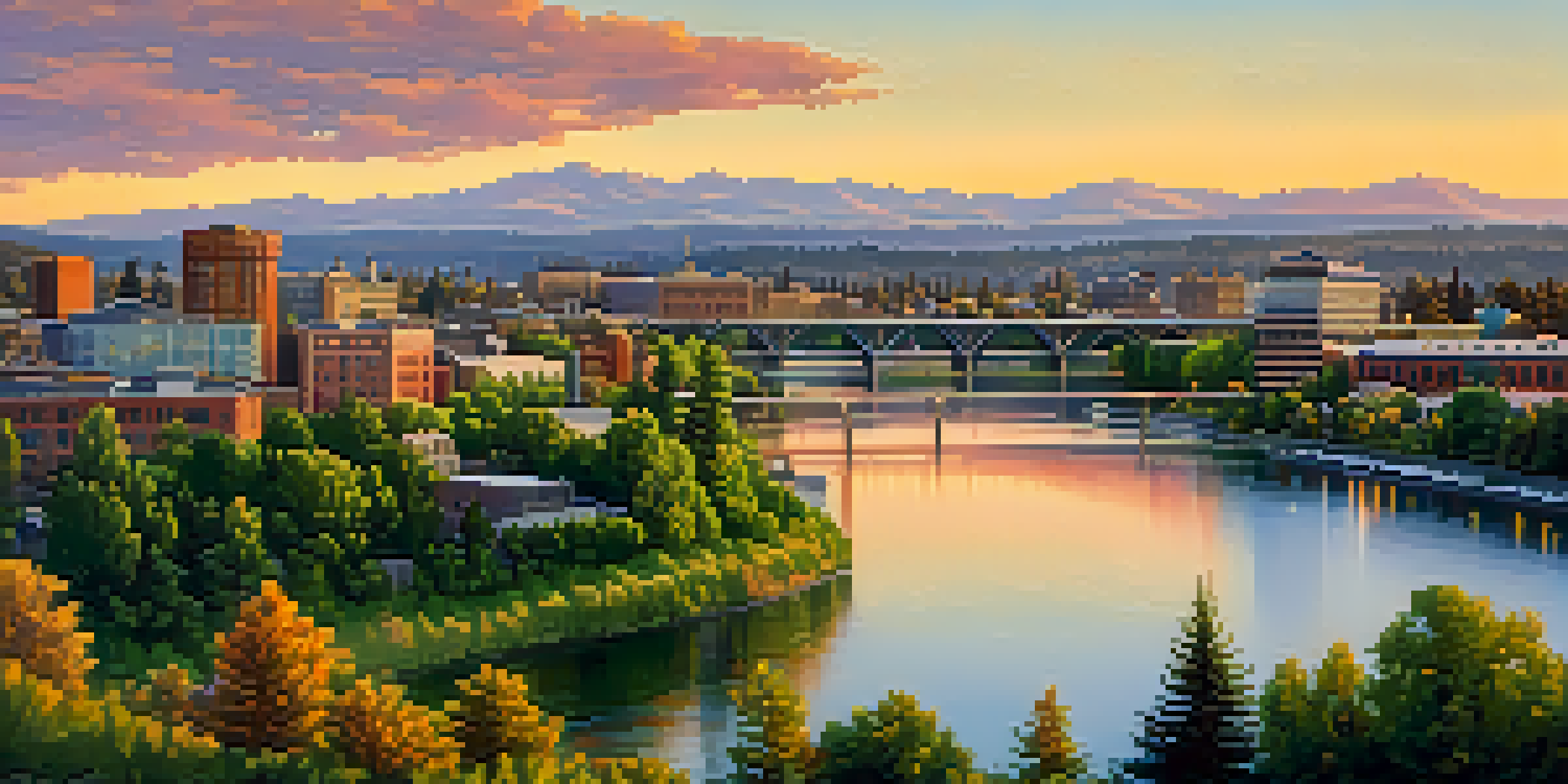 A panoramic view of Spokane with a vibrant skyline, green hills, and the Spokane River at sunset.