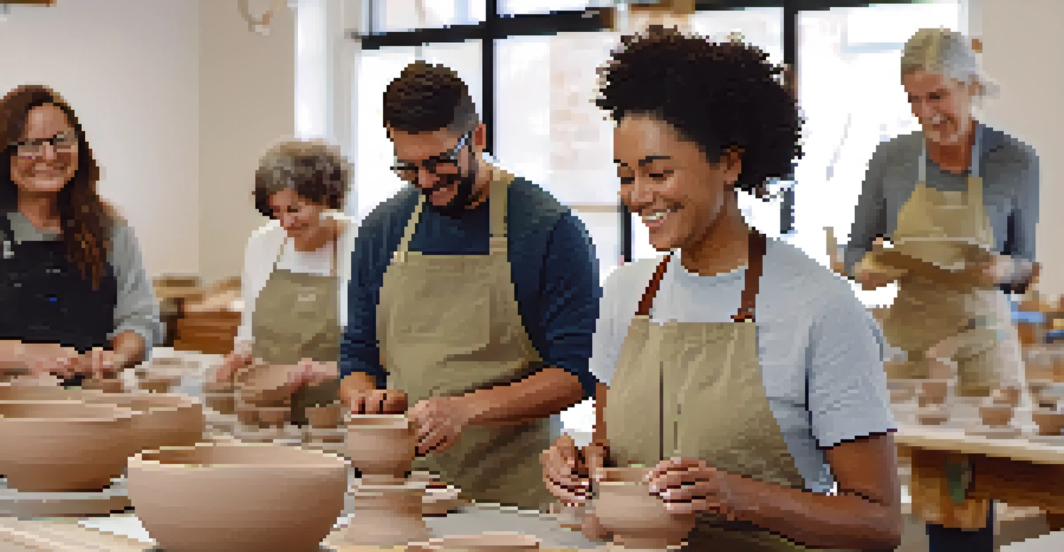 A pottery class in Spokane with a diverse group of individuals working together, smiling and sharing stories in a bright, welcoming environment.