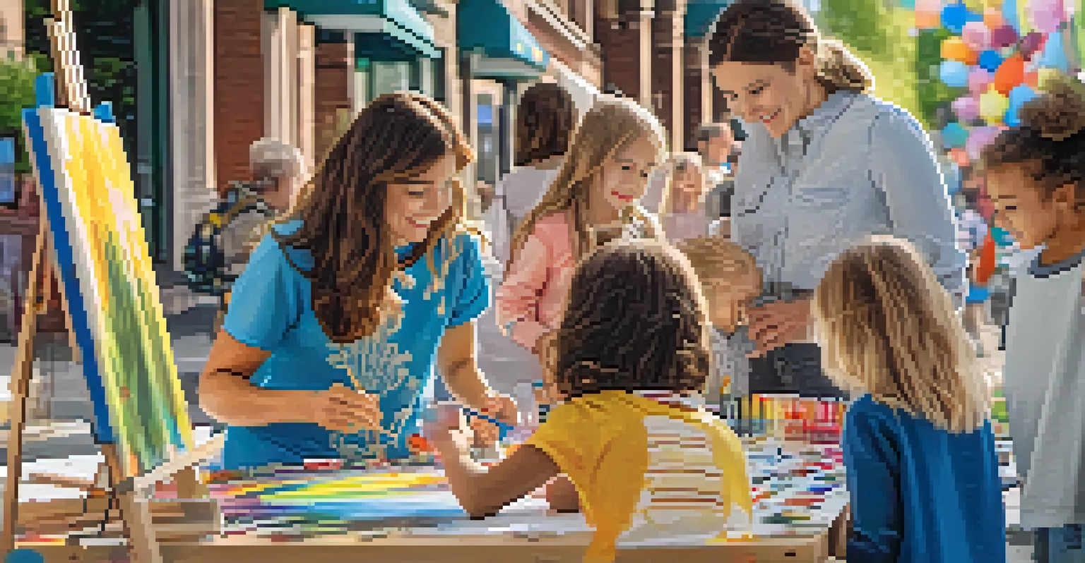 Children engaged in a hands-on art activity at Spokane's Art Walk, with parents encouraging them in a colorful and festive setting.