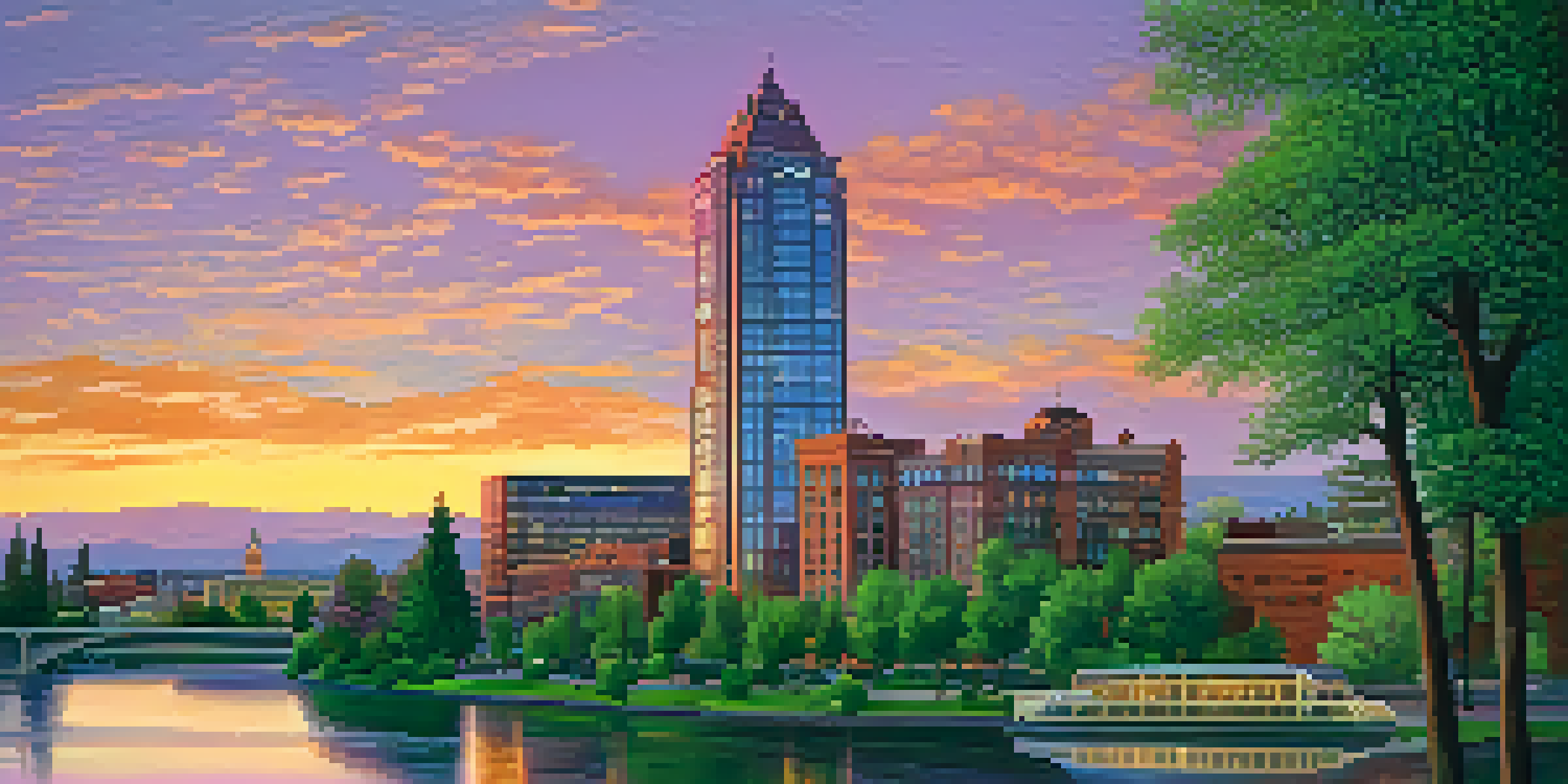A sunset view of downtown Spokane featuring modern buildings and the Spokane River, with vibrant colors in the sky and green trees along the riverbank.
