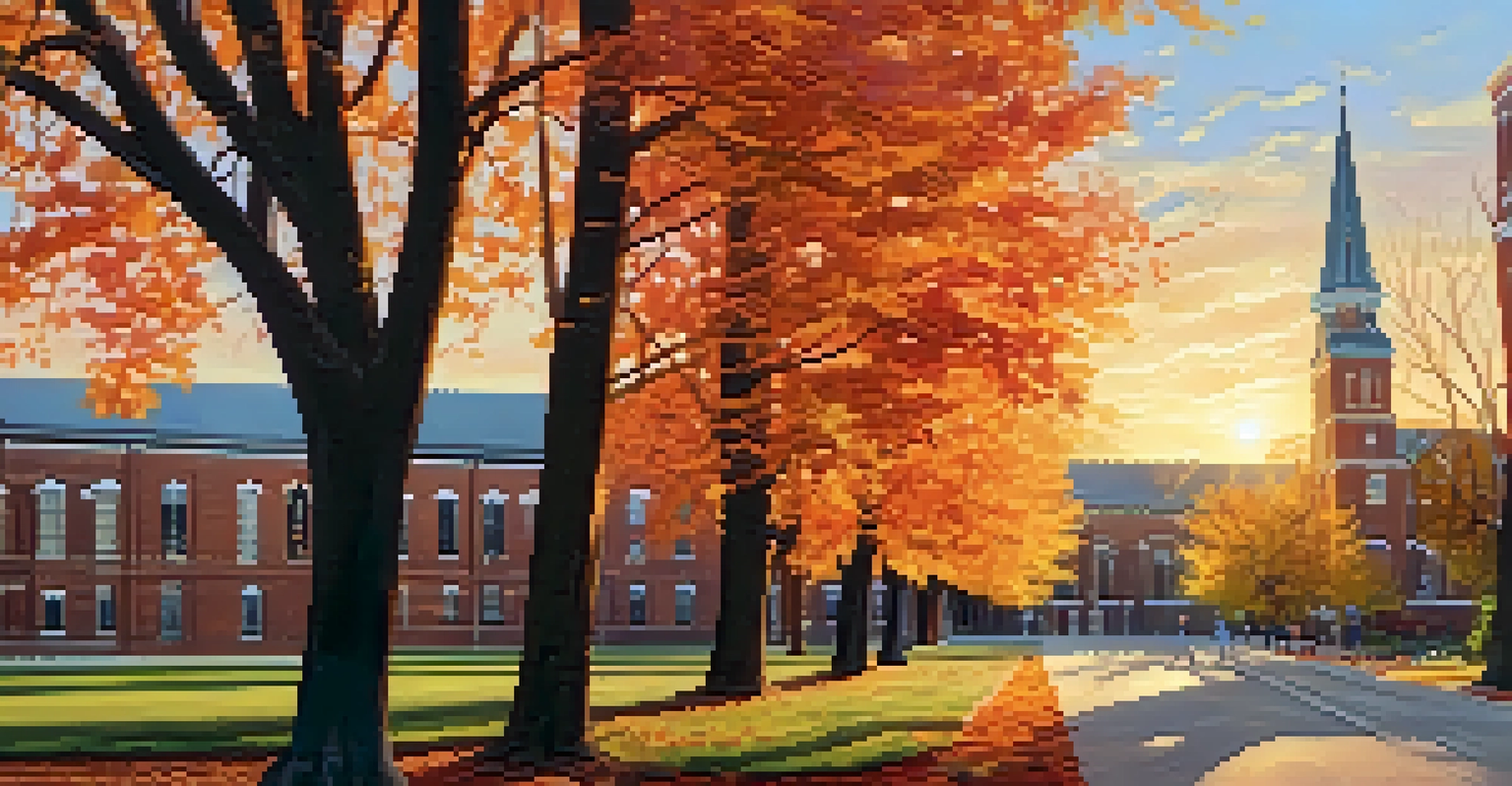 A scenic view of Gonzaga University campus in autumn, with colorful leaves and students walking.