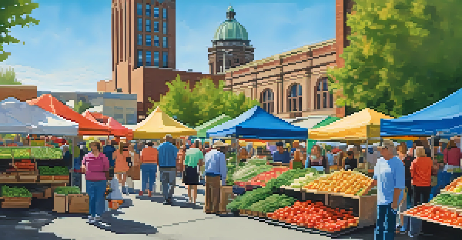 A lively farmers market in Spokane with colorful stalls and diverse people enjoying the atmosphere.