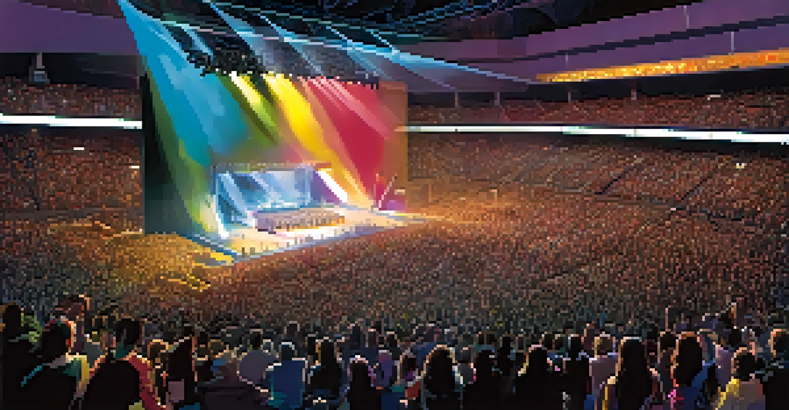 The Spokane Arena filled with a cheering audience during a concert, illuminated by colorful stage lights and visuals on large screens.