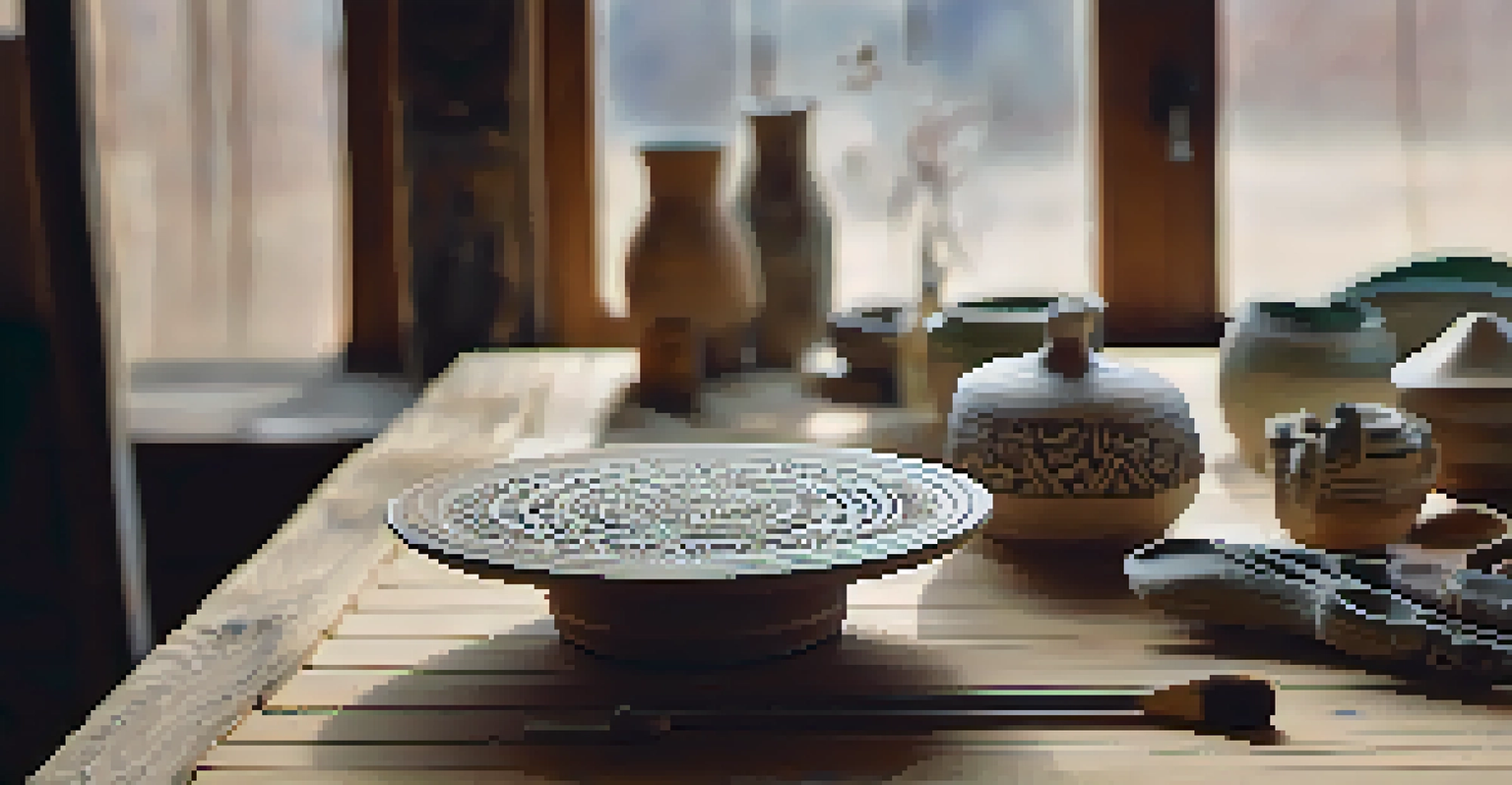 A close-up of a beautifully crafted ceramic piece on a wooden table in The Clay Studio, with tools and clay around.