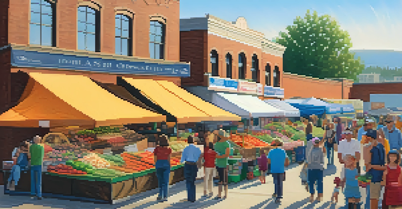 A local market in Spokane with colorful stalls, shoppers, and Spokane Falls in the background.