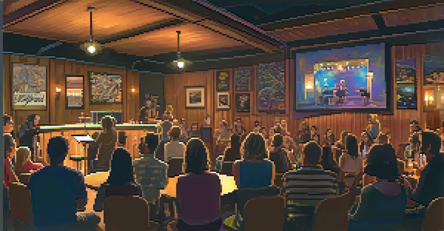 A cozy music venue with a solo artist performing on stage, surrounded by an engaged audience and decorated with local artwork.