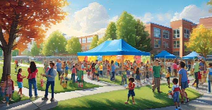 A lively community event at a Spokane school with children at a science fair, parents talking to teachers, and a sunny outdoor setting.