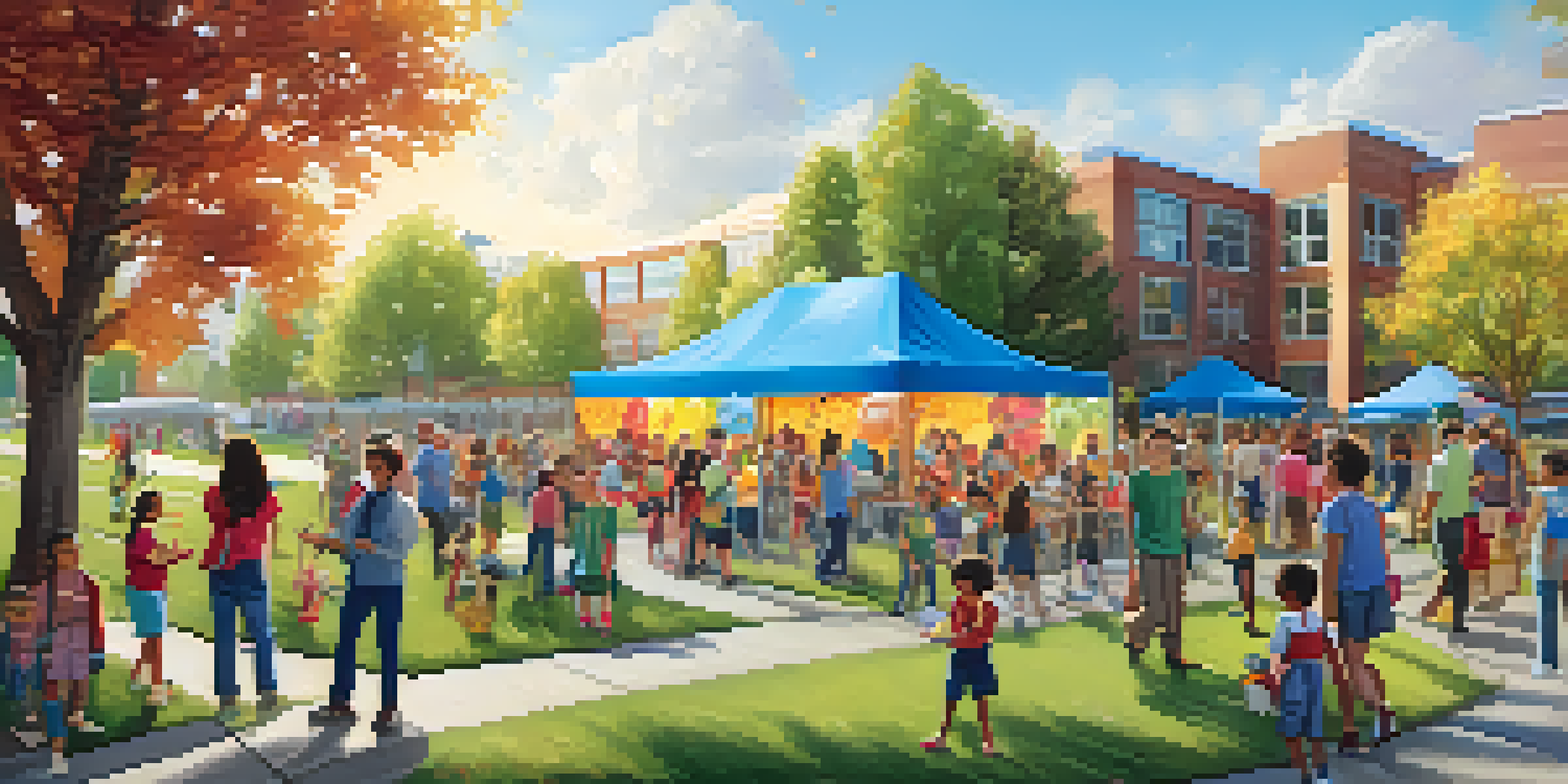 A lively community event at a Spokane school with children at a science fair, parents talking to teachers, and a sunny outdoor setting.