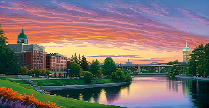 A sunset view of Spokane's skyline with a colorful sky and the Spokane River, framed by trees and people walking by.