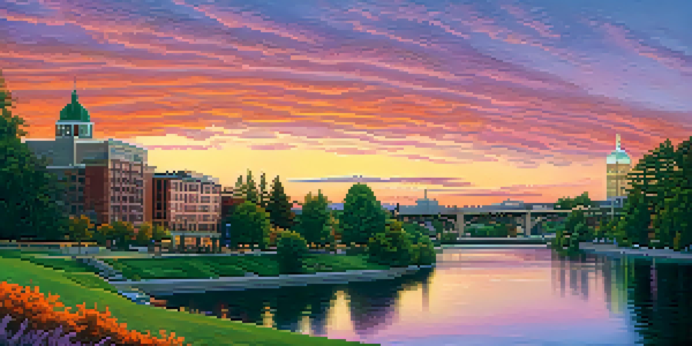 A sunset view of Spokane's skyline with a colorful sky and the Spokane River, framed by trees and people walking by.